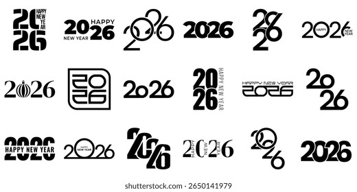 Black 2026 typography set in bold minimalist style, isolated on white background. Geometric New Year lettering for posters, greeting cards, calendars, websites, and holiday design projects.