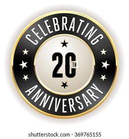 Black 20th anniversary badge with gold border on white background