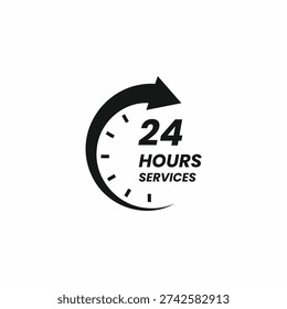 Black 24 hours service icon with clock face and circular arrow for 24 per 7 business support, delivery, and full-time assistance