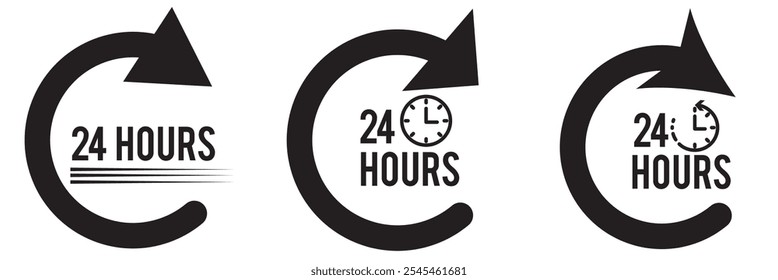 black 24 hours service vector symbol set illustration, fast 24 hours support sign collection