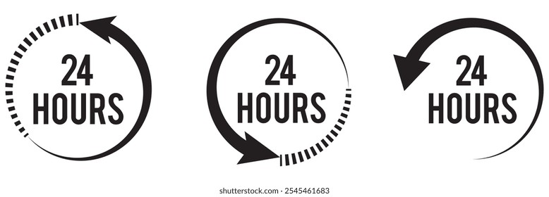 black 24 hours service vector symbol set illustration, fast 24 hours support sign collection