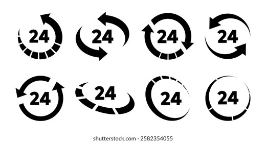  Black 24 hours sign circle icon set in flat design collection