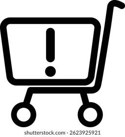 Black 2D vector icon of cart abandonment alert used for e-commerce, online shopping, and retail-related UI or visuals.