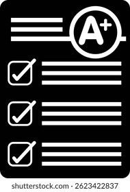 Black 2D vector icon of exam paper and pencil used in educational or academic content, perfect for school, e-learning, or teaching-related visuals.