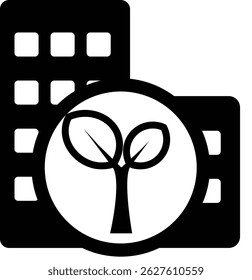 Black 2D vector icon of green building used in environment and nature-related themes