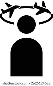 Black 2D vector icon of jet lag recovery used in travel and adventure-related designs