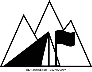 Black 2D vector icon of mountain base camp used in travel and adventure-related designs