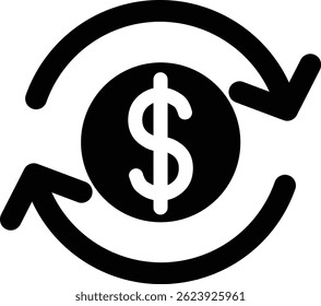 Vetor 2D preto ícone do processo de reembolso usado para comércio eletrônico, compras on-line e UI ou visuais relacionados ao varejo.