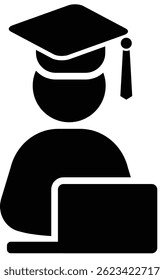Black 2D vector icon of student with laptop used in educational or academic content, perfect for school, e-learning, or teaching-related visuals.