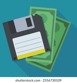 Black 3 and a half inch floppy disk with a yellow label above two green dollar bills in flat design style