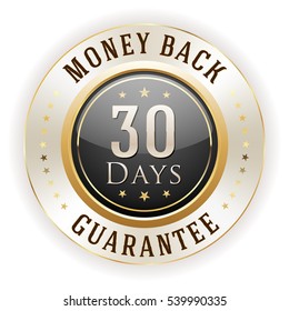 Black 30 days money back badge / button with gold border on white background