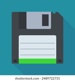 Black 3"5 floppy disk with a blank label on a blue background with long shadow in a flat design style
