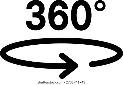Black 360 degree symbol with circular arrow and dot 360 degrees rotation