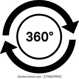 Black 360 degree symbol with circular arrows on white background 360 degrees circle rotation
