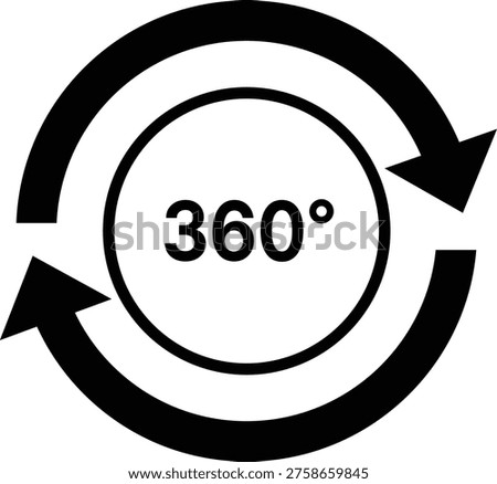 Black 360 degree symbol with circular arrows on white background 360 degrees circle rotation