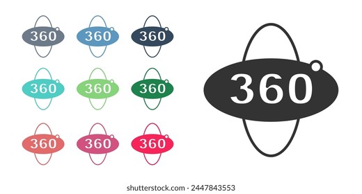 Black 360 degree view icon isolated on white background. Virtual reality. Angle 360 degree camera. Panorama photo. Set icons colorful. Vector