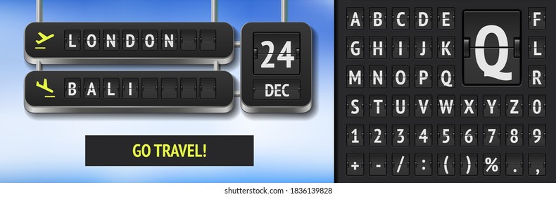 Black 3d airport timetable with Date of tour. Analog scoreboard font on dark background. Airline departure board for flight and train trip advertisement banner with flip airport board font template.