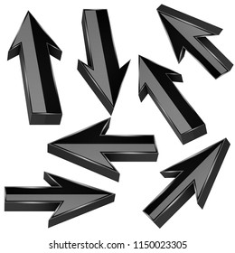 Black 3d arrows. Set of shiny straight signs. Vector illustration isolated on white background