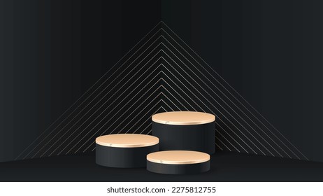 Black 3d background product display podium scene with golden geometric platform. Stand to show cosmetic product. Realistic stage showcase on pedestal in room corner. Premium studio, gradient lines
