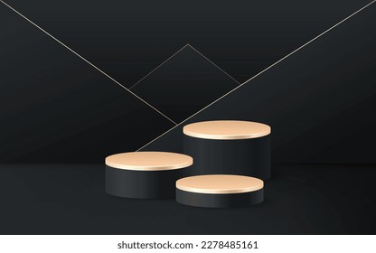 Black 3d background product display podium scene with golden geometric platform. Stand to show cosmetic product. Realistic stage showcase on pedestal display backdrop. Premium studio realistic paper