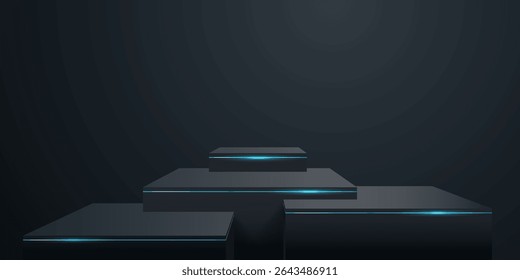 Black 3D background with rectangular podiums and blue neon lines.