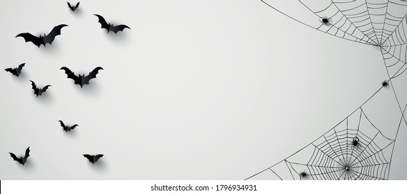 Black 3d bats on one side and spiderweb with spiders on another. Light grey paper background. Vector illustration.