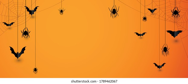 Bates negros en 3d y arañas colgados en hilos. Spiderweb en las esquinas. Fondo naranja. Ilustración vectorial.