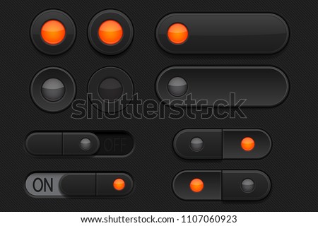 Black 3d buttons - sliders and radio buttons. Pushed and normal. Vector illustration