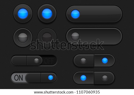 Black 3d buttons - sliders and radio buttons. Pushed and normal. Vector illustration