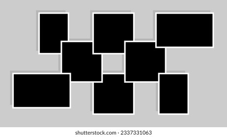 Black 3d cartoon with empty spaces. Frame collage on the grey background. Templates for photo, decor and interior. Vector illustration.