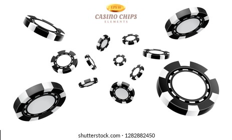 Black 3d casino chips or flying realistic tokens for gambling, entertainment house volumetric blank or empty cash for roulette or poker, blackjack. Gamble and winner, risk and luck, betting and