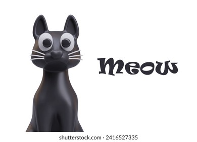 Black 3D cat, front view. Animal, helper of witch, evil wizard. Isolated Halloween character on white background. Funny vector creature for creative design