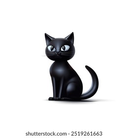 Black 3D cat sitting, image on a white background. Realistic cute image of a wild, domestic cat for advertising concepts. Vector illustration.