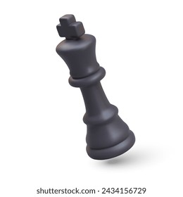 Black 3D chess king. Leader on chessboard, main figure. Vector element in tilted position