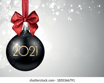 Black 3d christmas tree toy with gold 2021 sign hanging on red ribbon with red bow. Light grey background with sparkling lights. Space for text. Vector holiday illustration.