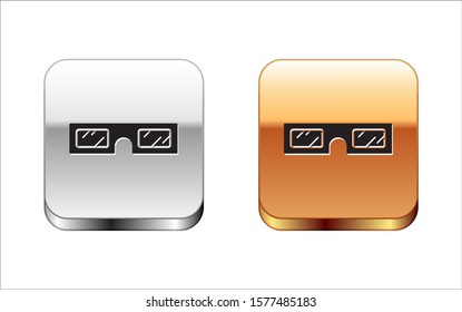 Black 3D cinema glasses icon isolated on white background. Silver-gold square button. Vector Illustration