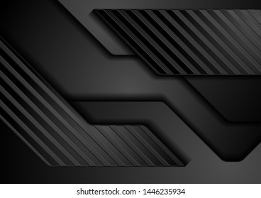 Black 3d composition with geometric shapes. Tech design with striped texture pattern. Abstract dark vector concept background