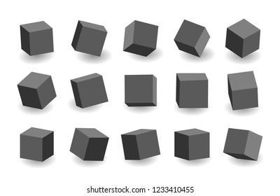 Black 3D cubes pack isolated on white background. Different light, perspective and angle. Vector illustration