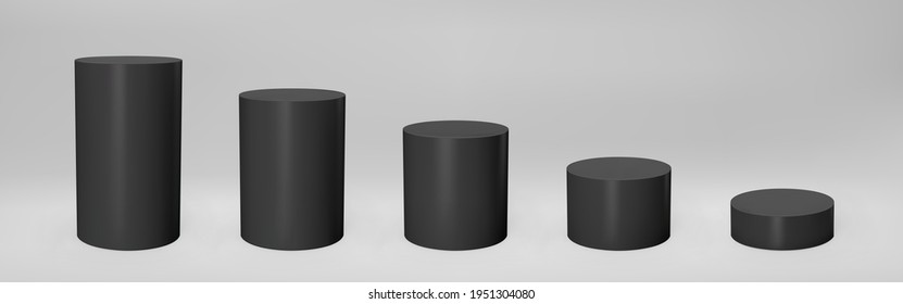 Black 3d cylinder front view and levels with perspective isolated on grey background. Cylinder pillar, empty museum stages, pedestals or product podium. 3d basic geometric shapes vector illustration