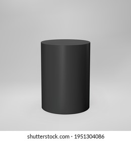 Black 3d cylinder front view with perspective isolated on grey background. Cylinder pillar, empty museum stage, pedestal or product podium. 3d basic geometric shape vector illustration