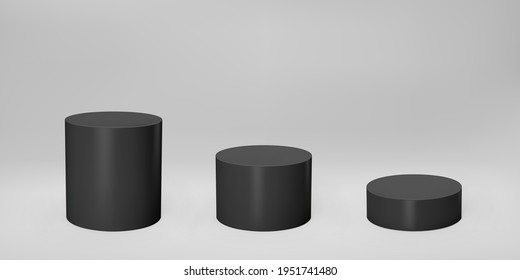 Black 3d cylinder front view and levels with perspective isolated on grey background. Cylinder pillar, empty museum stages, pedestals or product podium. 3d basic geometric shapes vector illustration