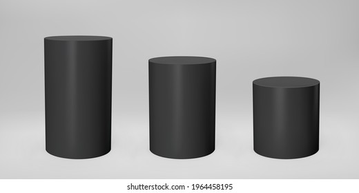 Black 3d cylinder front view and levels with perspective isolated on grey background. Cylinder pillar, empty museum stages, pedestals or product podium. 3d basic geometric shapes vector illustration