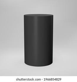 Black 3d cylinder front view with perspective isolated on grey background. Cylinder pillar, empty museum stage, pedestal or product podium. 3d basic geometric shape vector illustration