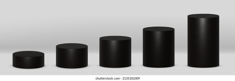 Schwarze 3D-Zylinder Vorderansicht und Ebenen mit Perspektive einzeln auf grauem Hintergrund.