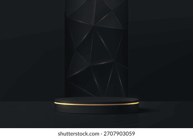 Fondo de podio cilíndrico 3D negro con polígono negro y línea dorada. Tema del Black Friday. Diseño de pedestal de maqueta Minimalist Platforms. Presentación Abstractas del producto de la exhibición de los soportes. Escaparate escénico