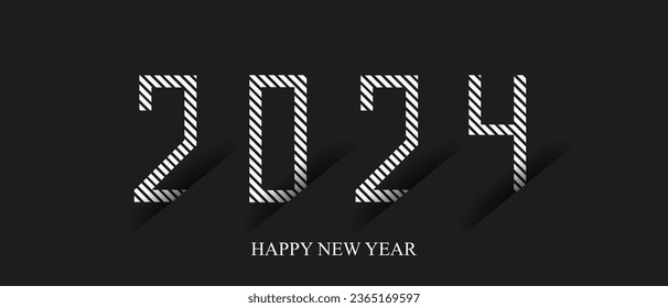 Black 3d design New Year 2024 horizontal banner in trendy cut out paper style. Celebration 2024 poster in minimalist luxury style. Vector illustration.