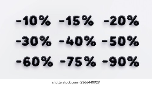 Black 3D discount sign minus 10,15,20,30,40,50,60,75 and 90 percent on a white background.