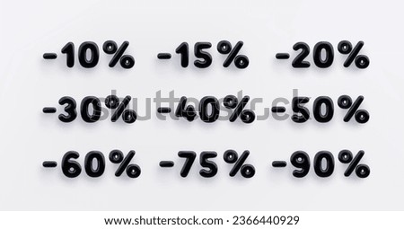 Black 3D discount sign minus 10,15,20,30,40,50,60,75 and 90 percent on a white background.