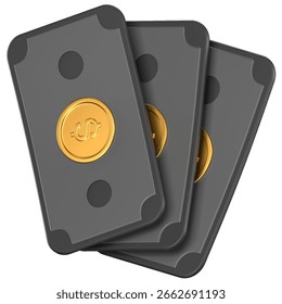 Icono negro de billetes en dólares en 3D que representa efectivo, moneda y transacciones financieras, ideal para aplicaciones bancarias, financieras y de gestión de dinero.