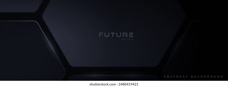 Black 3D elegant futuristic technology background with future design concept. Dark abstract modern wide horizontal backdrop for poster, banner, social media, cover, website, brochure, advertising.